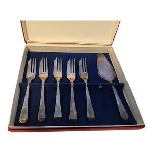 Vintage Sheffield England Silver Plated Dessert Pastry Forks Set Server Boxed